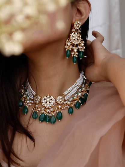 Nizha Green Kundan Pearl Necklace Set