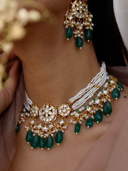 Nizha Green Kundan Pearl Necklace Set