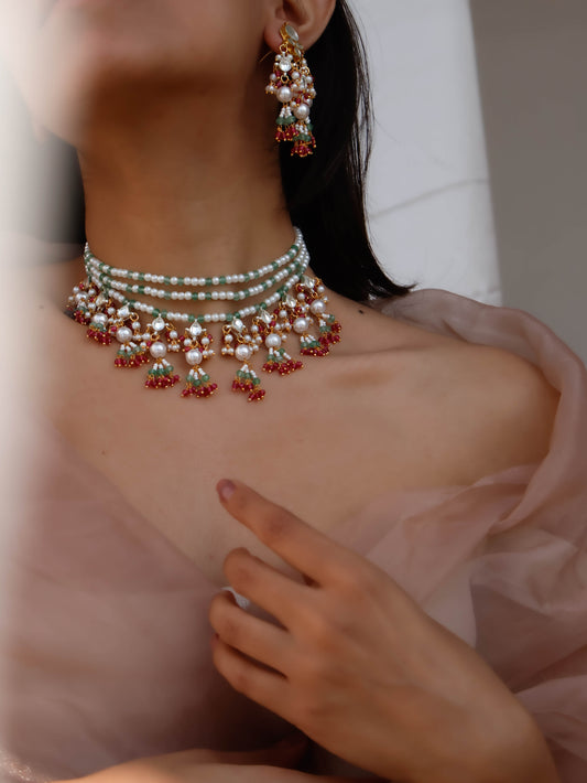 Dana Pink-Mint Kundan Necklace Set