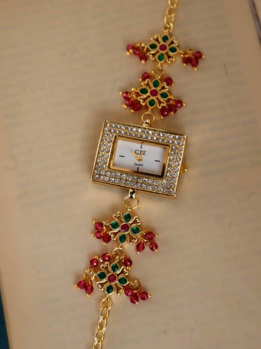 Lila Green-Red Kundan Wrist Watch