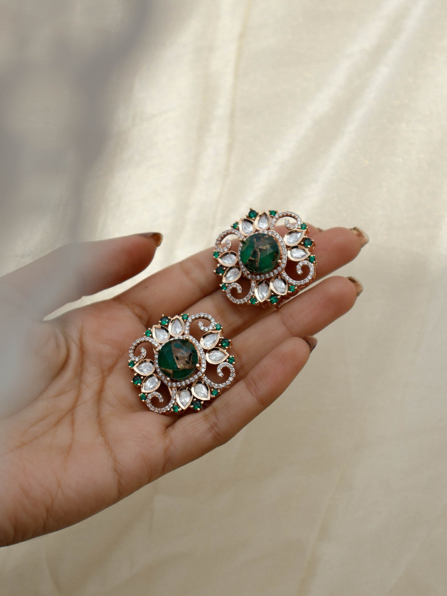 Bessie Kundan Green Stud Earrings