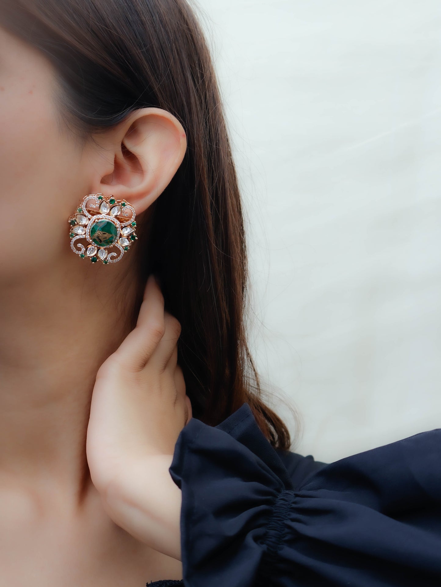 Bessie Kundan Green Stud Earrings