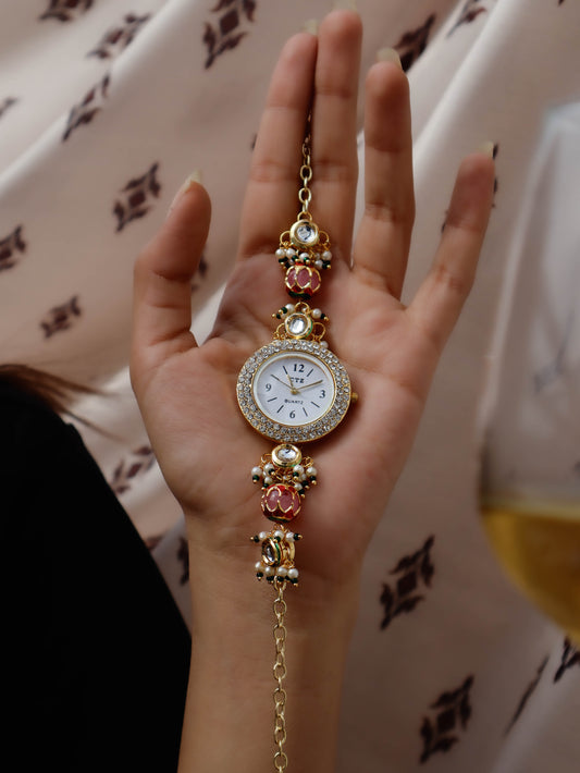 Rutvi Peachy Pink Kundan Wrist Watch