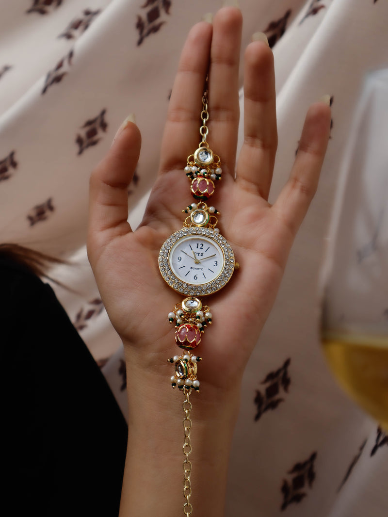 Rutvi Peachy Pink Kundan Wrist Watch