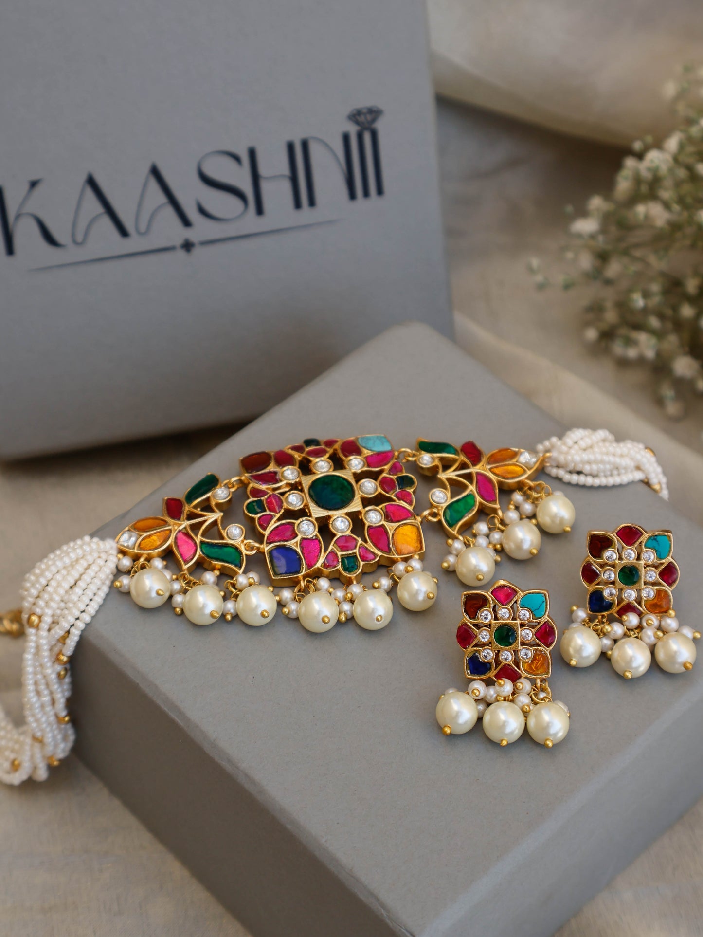 Keshet Multicolored Kundan Choker Necklace Set