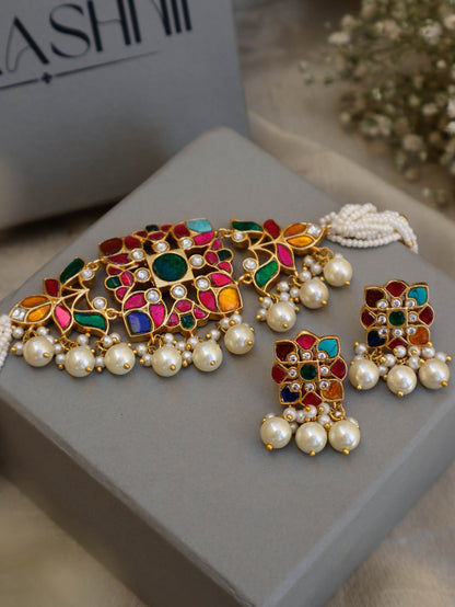 Keshet Multicolored Kundan Choker Necklace Set