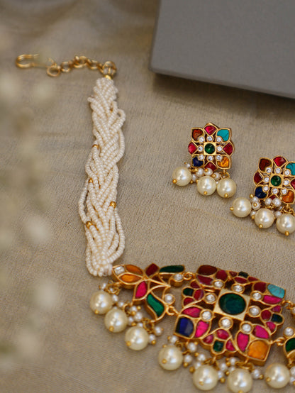 Keshet Multicolored Kundan Choker Necklace Set