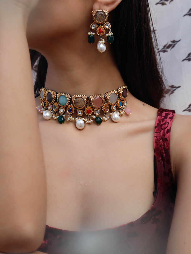 Tarini Multicolored Kundan Choker Necklace Set
