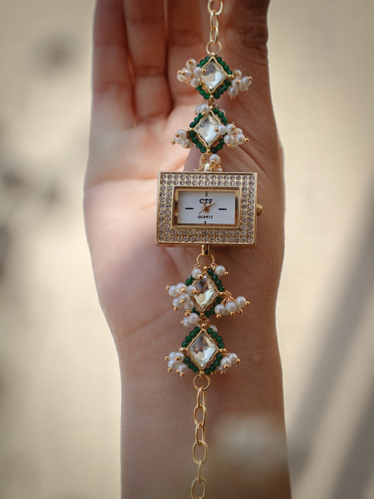 Navya Green Kundan Wrist Watch