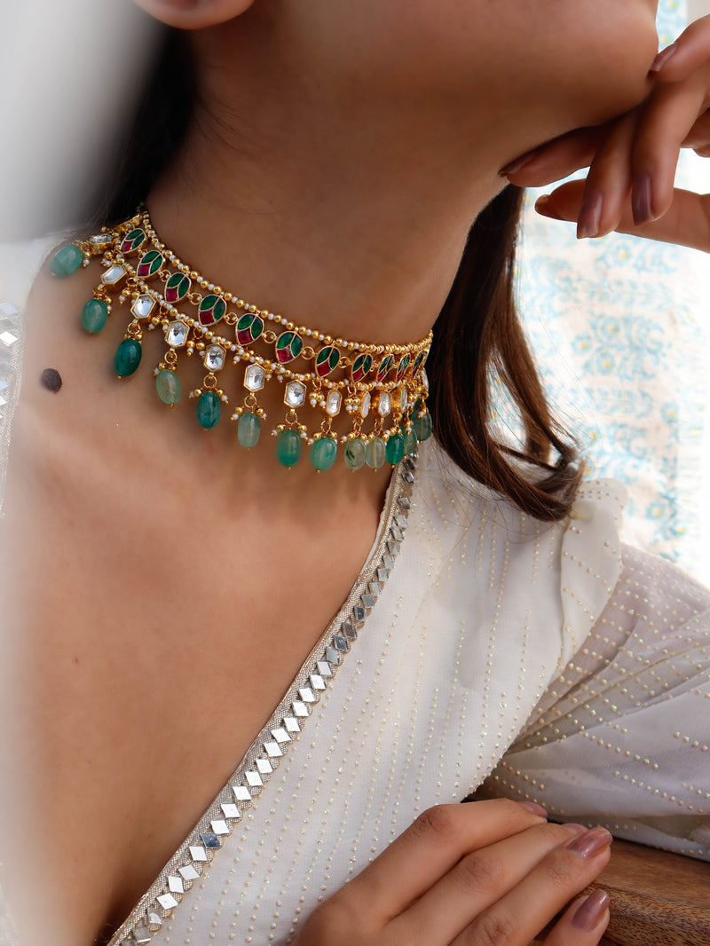 Ozah Red & Green Kundan Choker Necklace