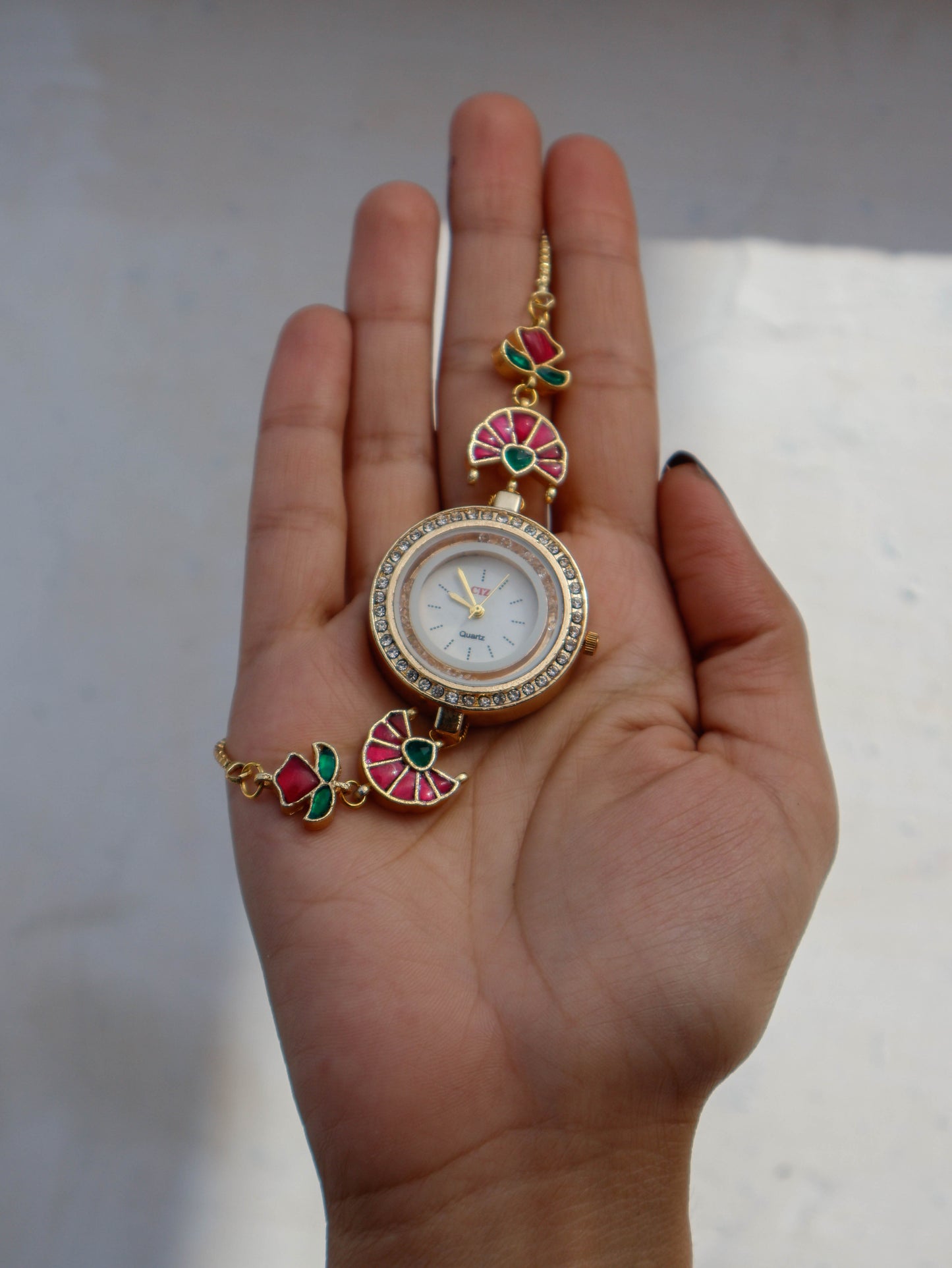 Welsa Red-Green Kundan Wrist Watch