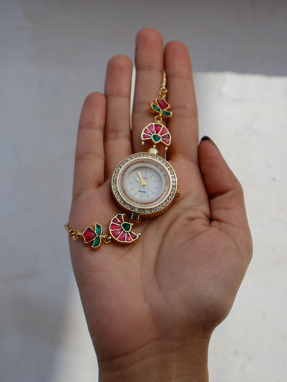 Welsa Red-Green Kundan Wrist Watch