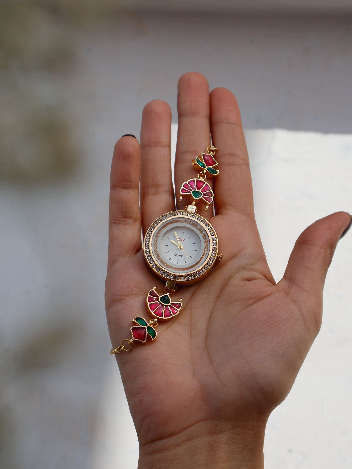 Welsa Red-Green Kundan Wrist Watch