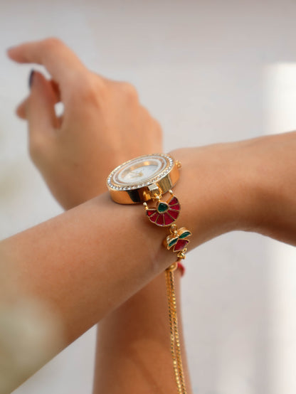 Welsa Red-Green Kundan Wrist Watch