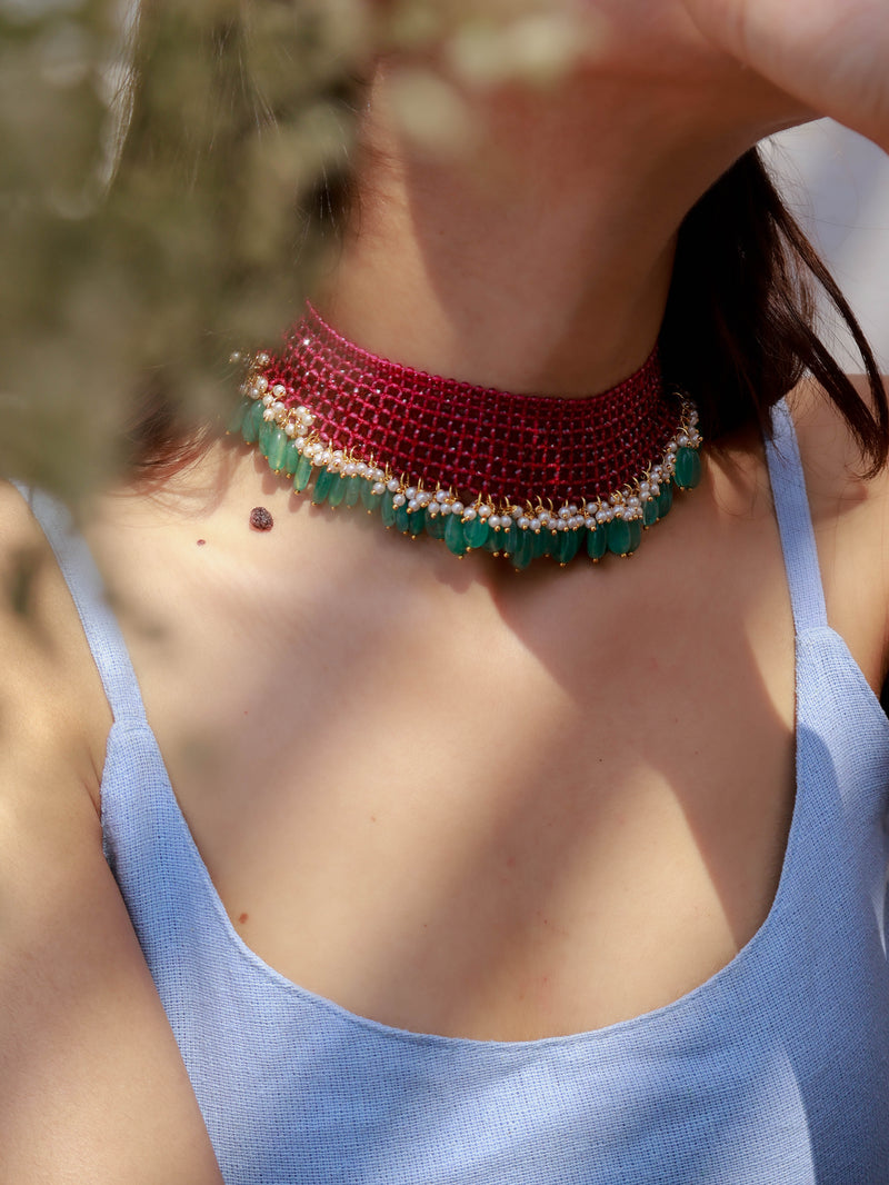 Ishi Pink-Mint Green Choker Necklace Set