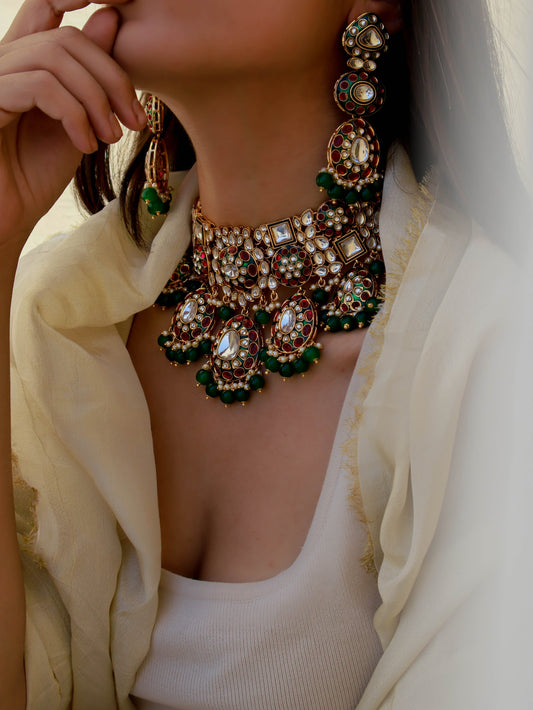 Asira Red & Green Kundan Necklace Set