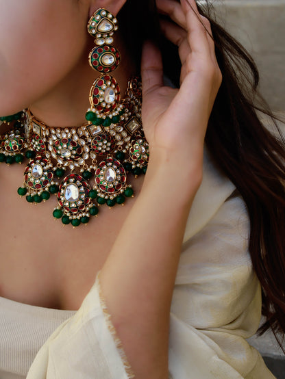 Asira Red & Green Kundan Necklace Set