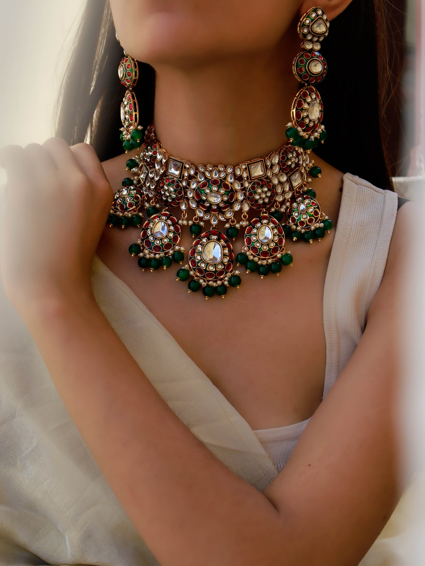 Asira Red & Green Kundan Necklace Set