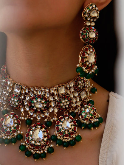 Asira Red & Green Kundan Necklace Set