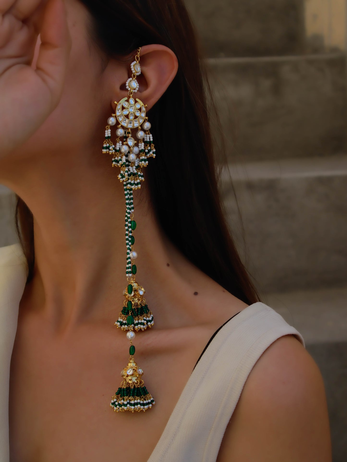 Emine Green Kundan Jhumki Earrings