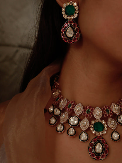 Farish Polki Red-Green Necklace Set