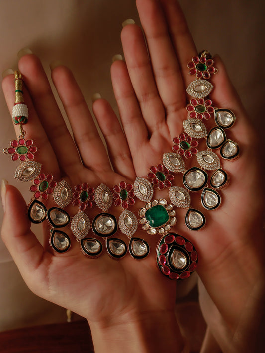 Farish Polki Red-Green Necklace Set