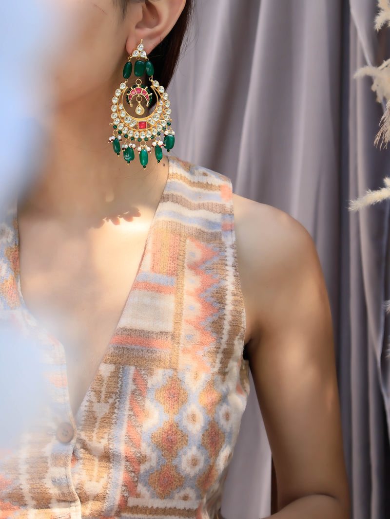 Issa Red-Green Kundan Chaandbaali Earrings
