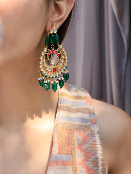 Issa Red-Green Kundan Chandbali Earrings