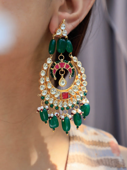 Issa Red-Green Kundan Chandbali Earrings