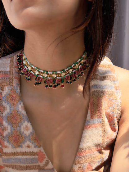 Zeenah Pink-Green Kundan Choker Necklace