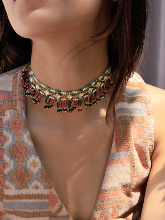 Zeenah Pink-Green Kundan Choker Necklace