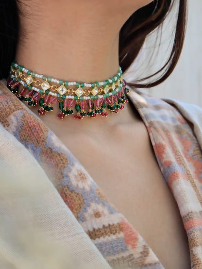 Zeenah Pink-Green Kundan Choker Necklace