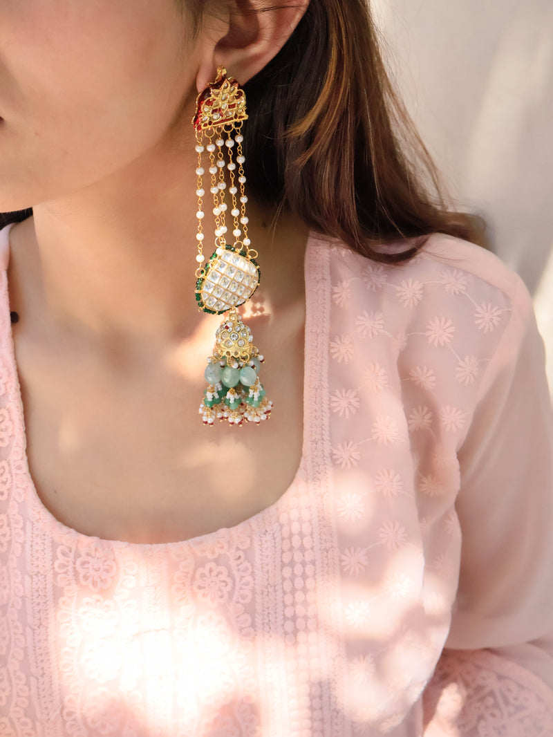Laksha Green Kundan Jhumka Earrings