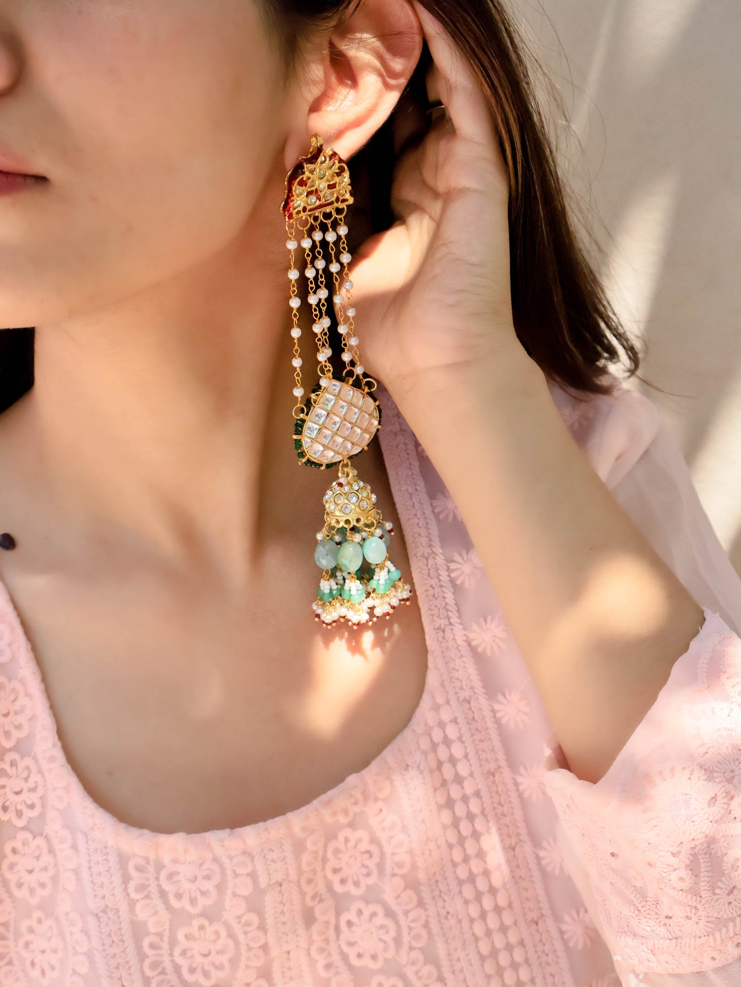 Laksha Green Kundan Jhumka Earrings