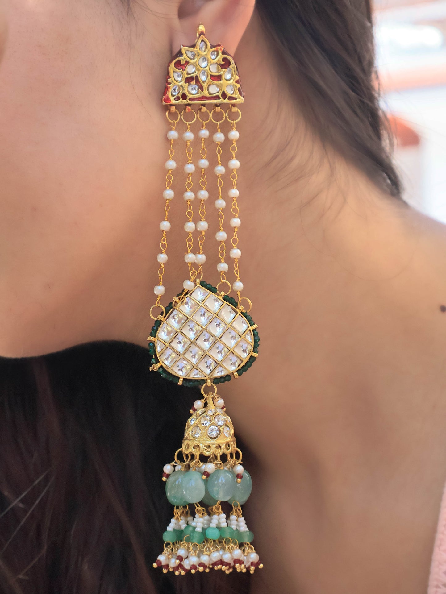 Laksha Green Kundan Jhumka Earrings