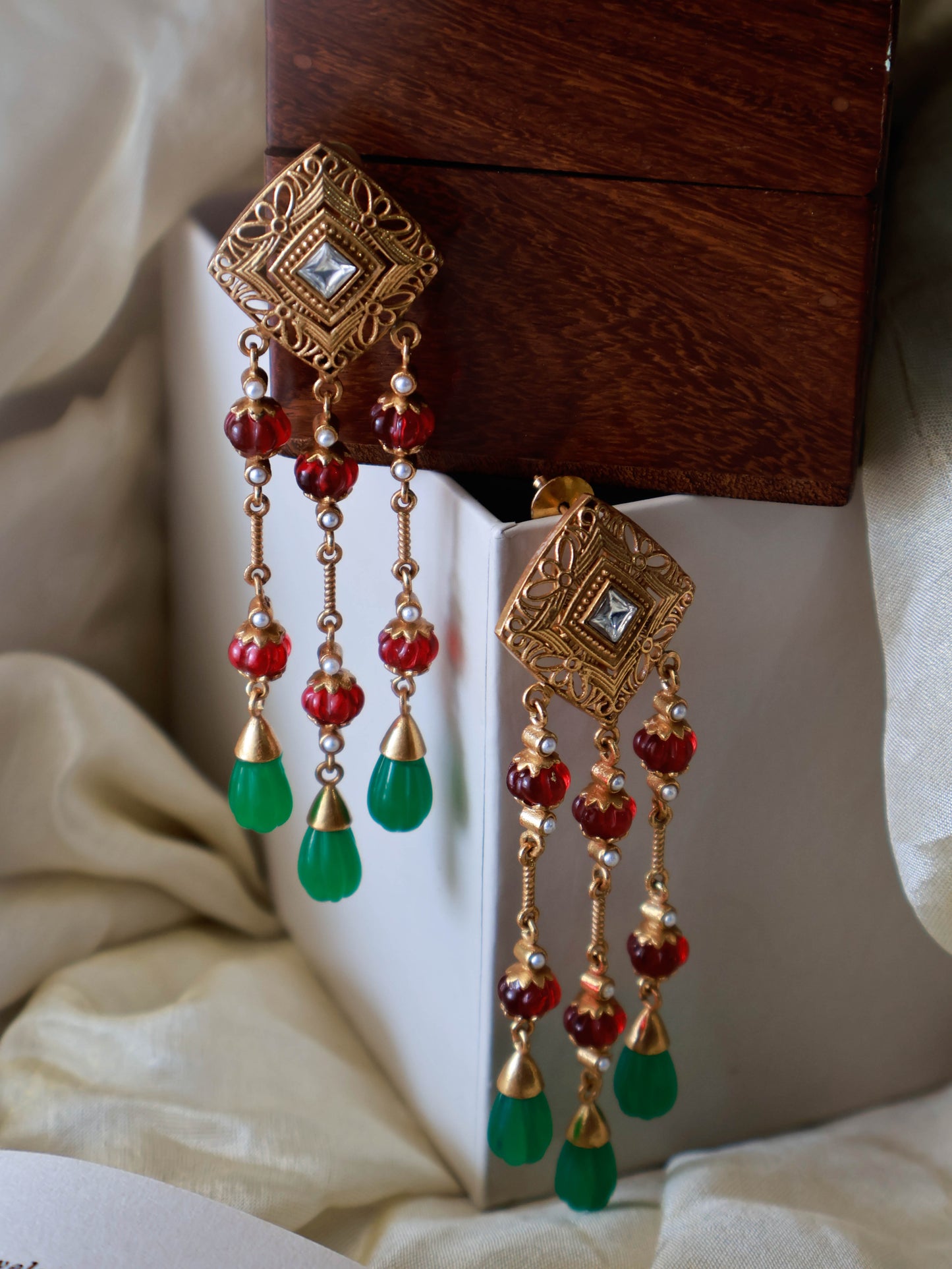 Idika Red-Green Dangler Earrings