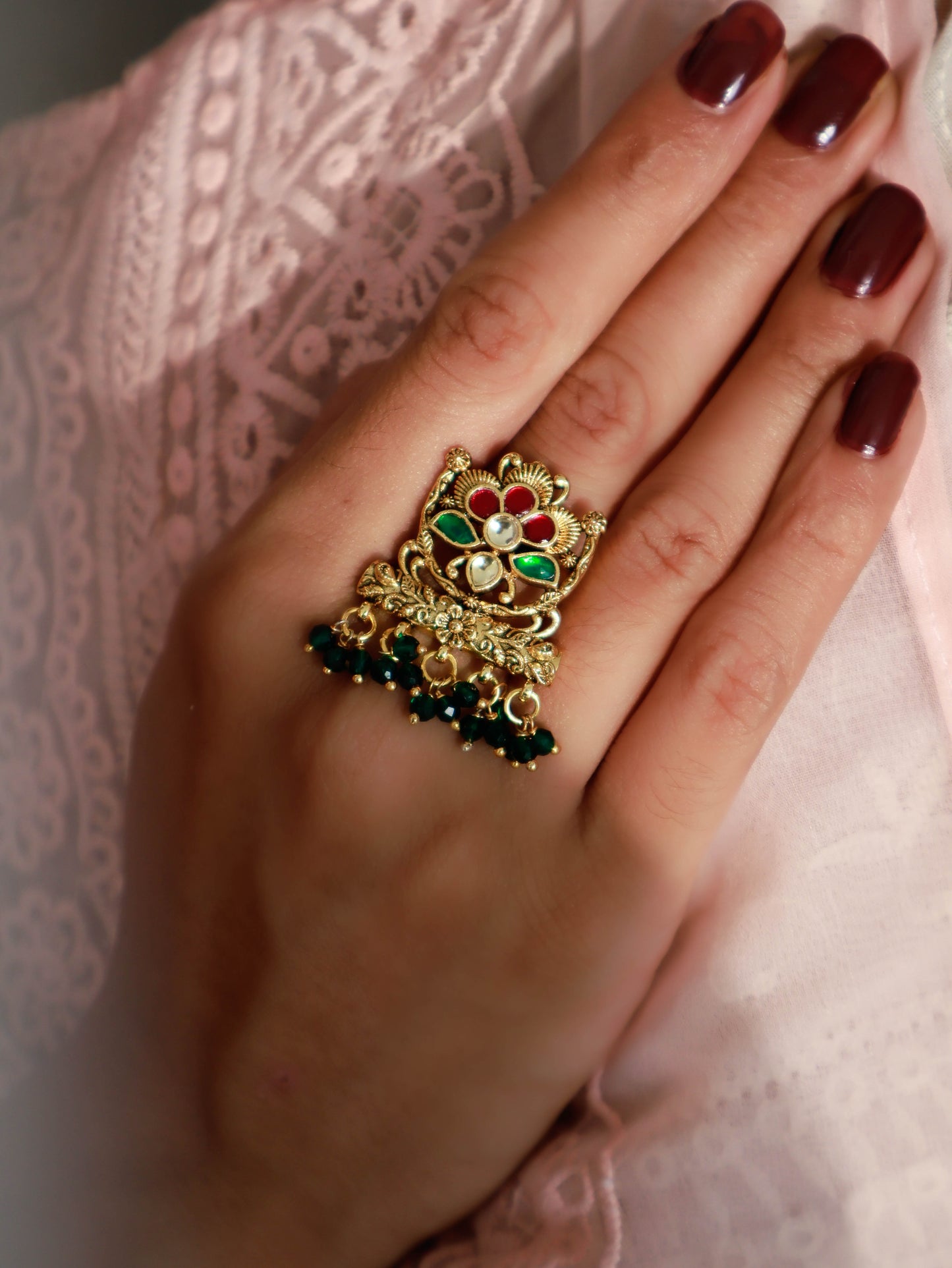 Lima Red-Green Kundan Ring