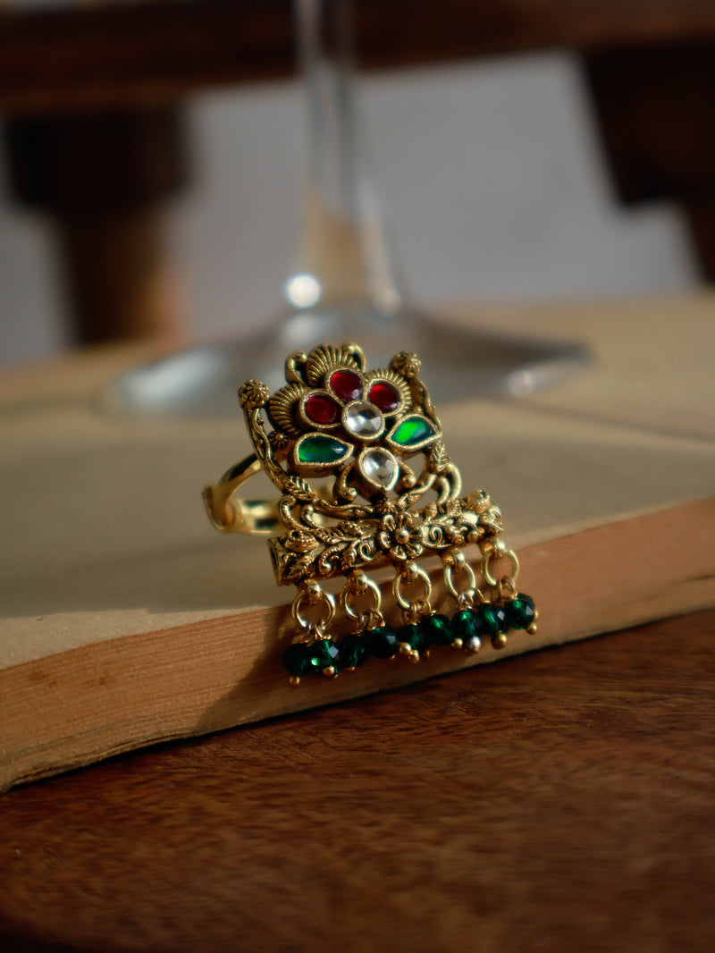 Lima Red-Green Kundan Ring