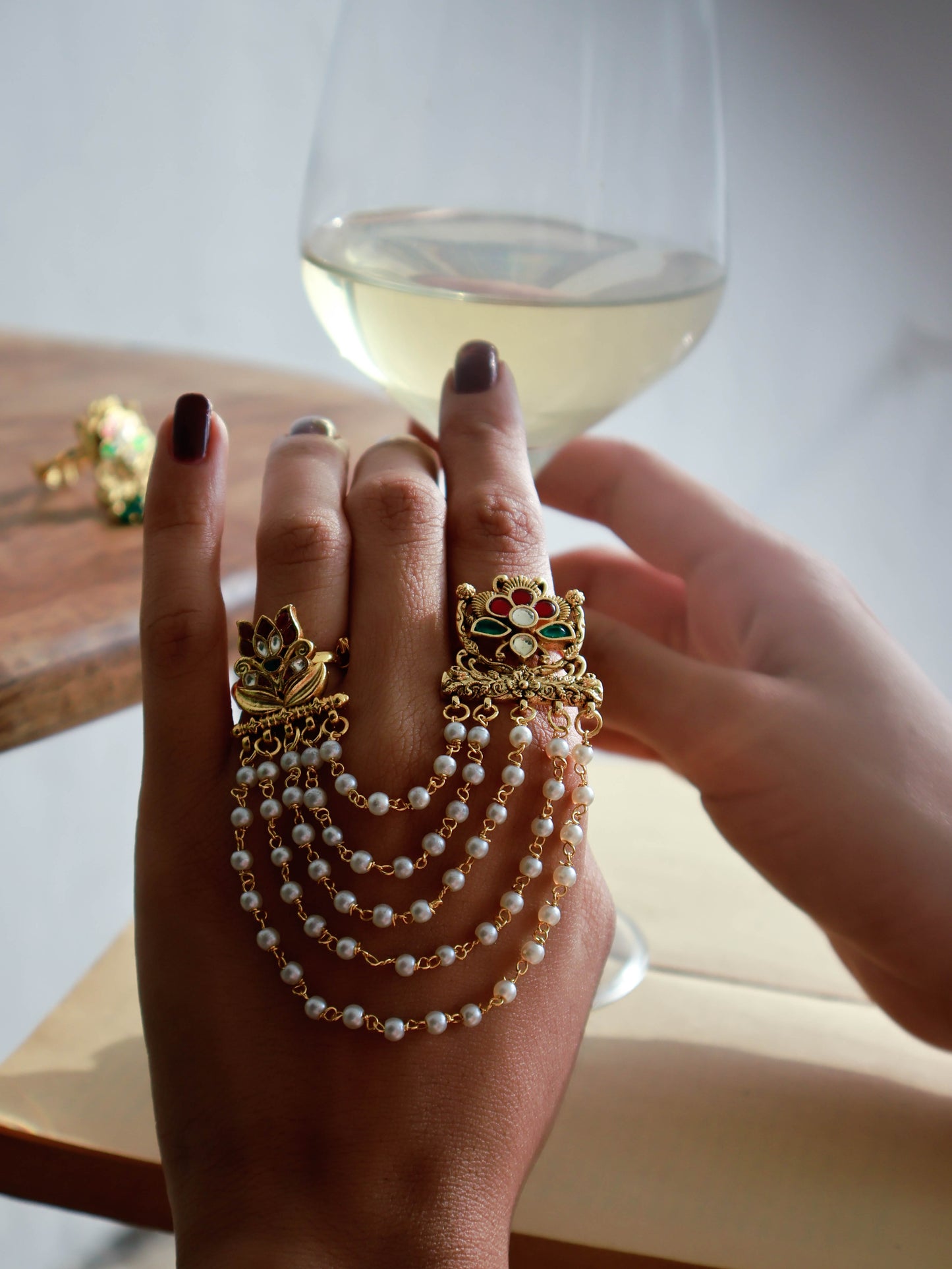 Ansra Red-Green Kundan Ring