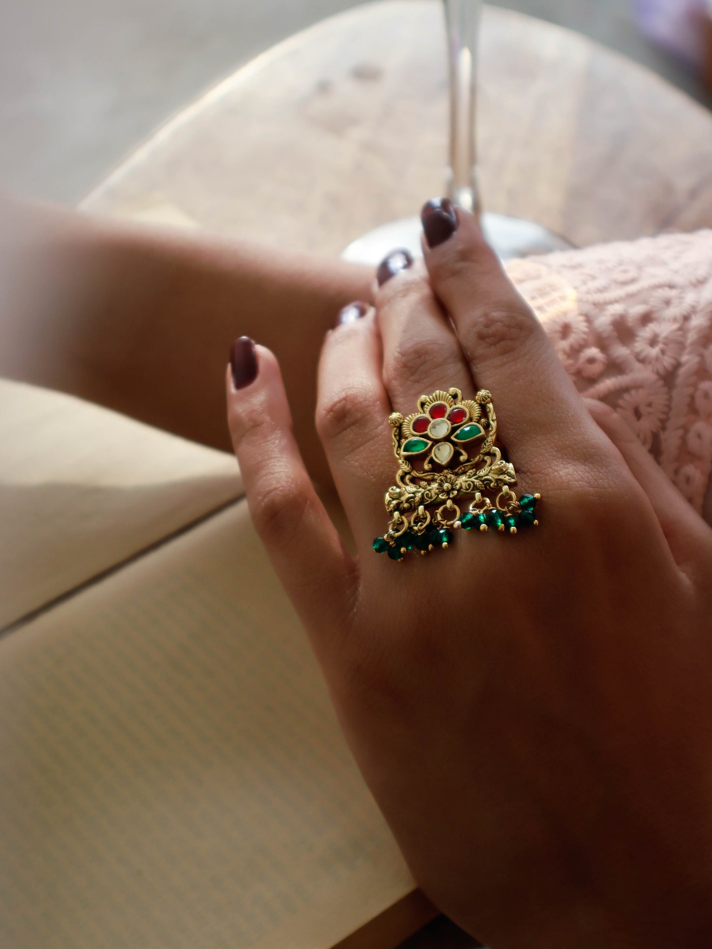 Lima Red-Green Kundan Ring