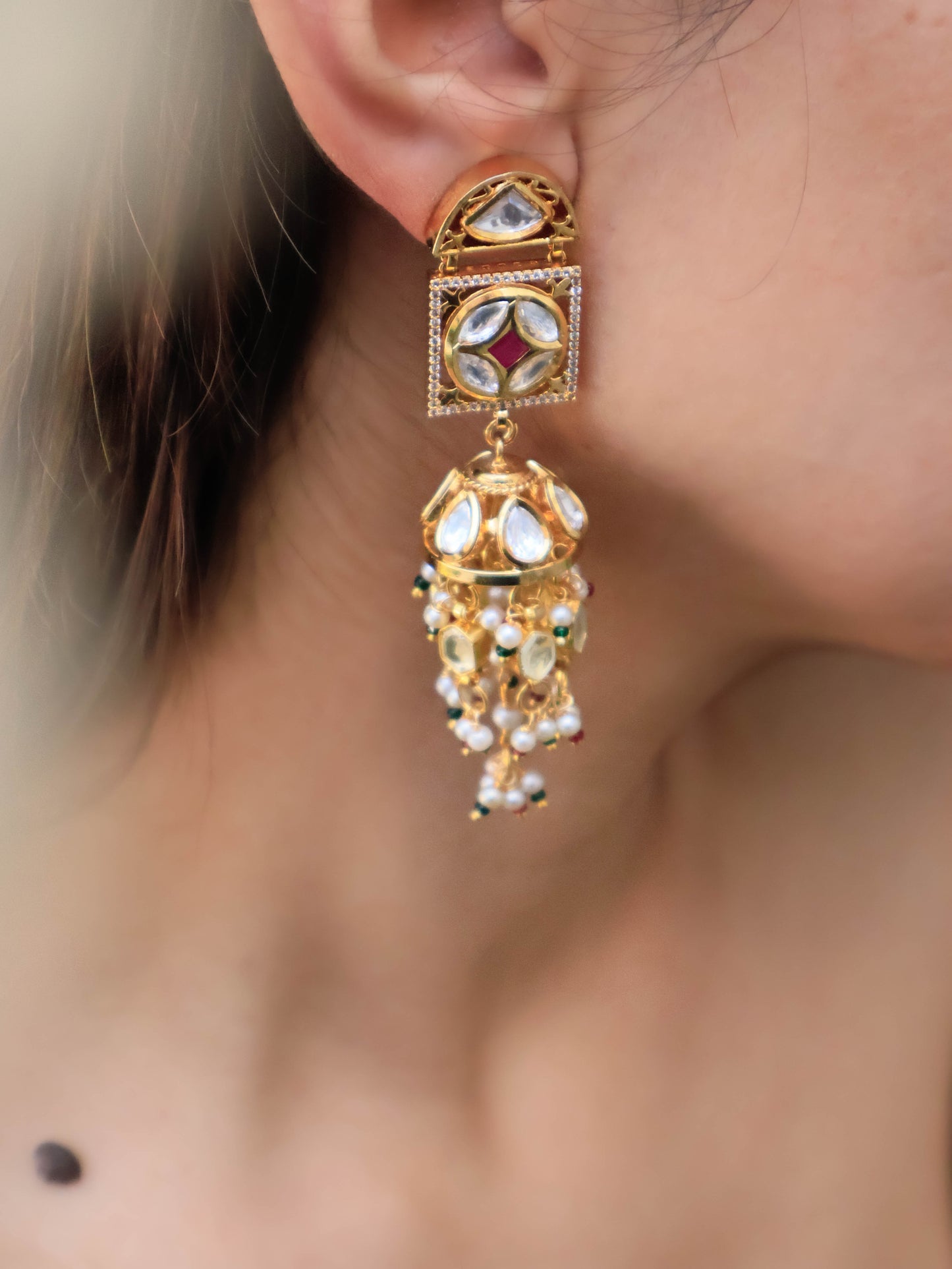 Ozra Red Kundan Jhumka Earrings