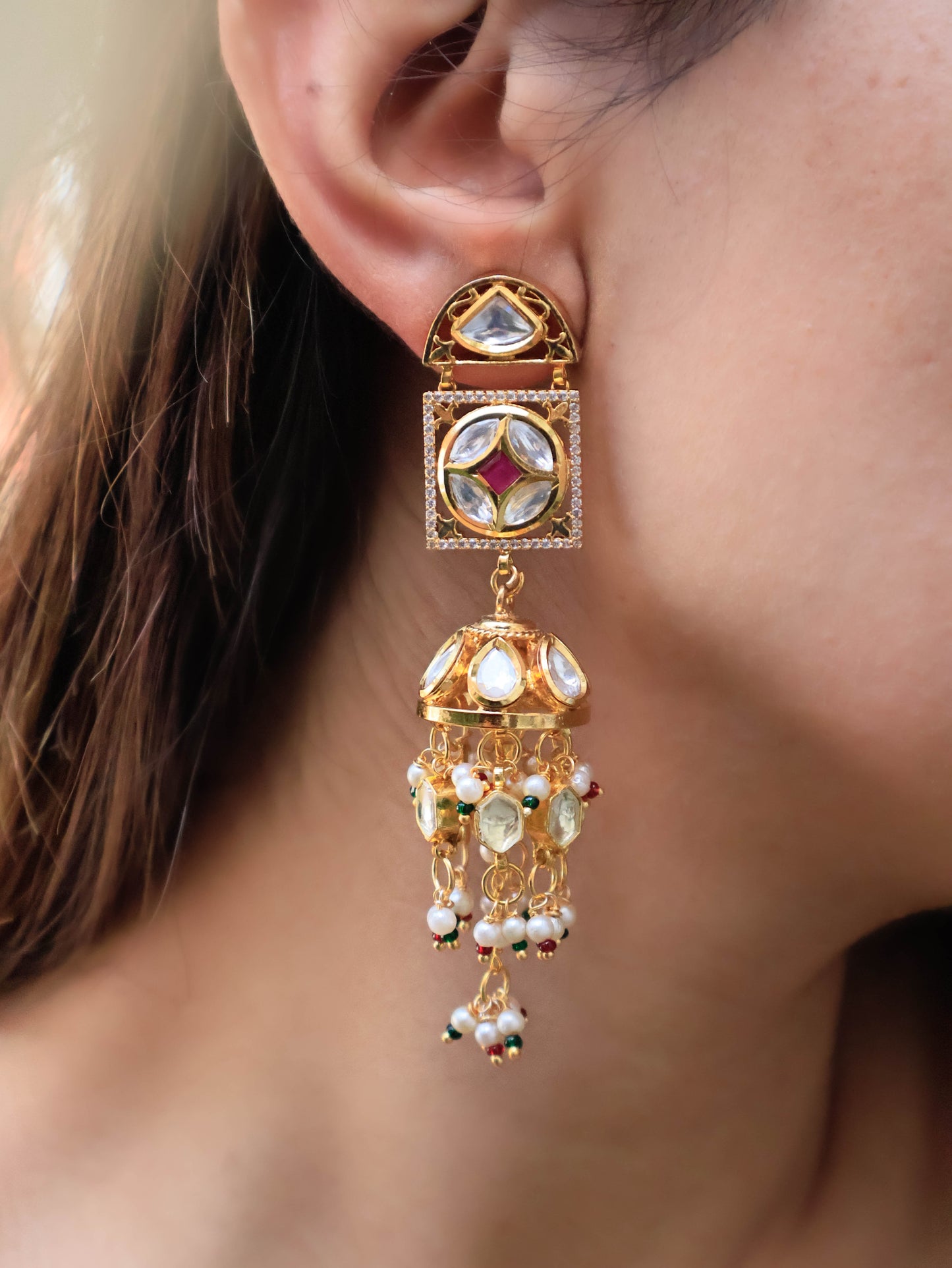 Ozra Red Kundan Jhumka Earrings