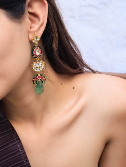 Orion Red-Green Kundan Dangler Earrings