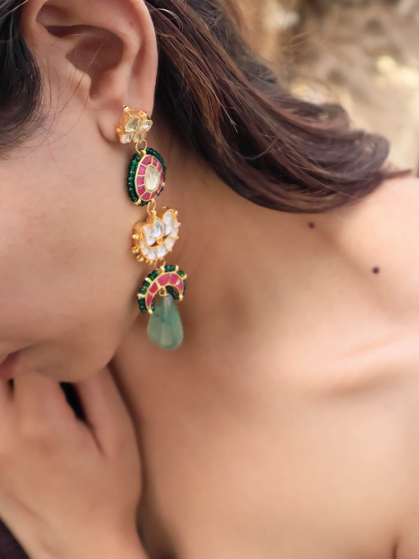 Orion Red-Green Kundan Dangler Earrings