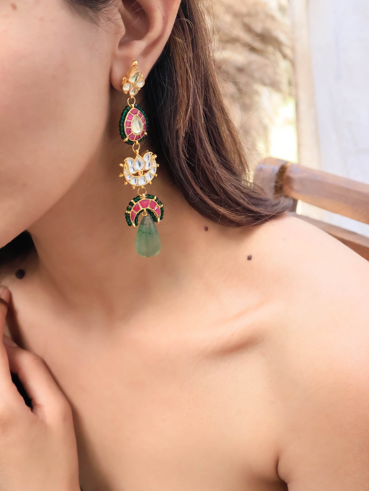 Orion Red-Green Kundan Dangler Earrings