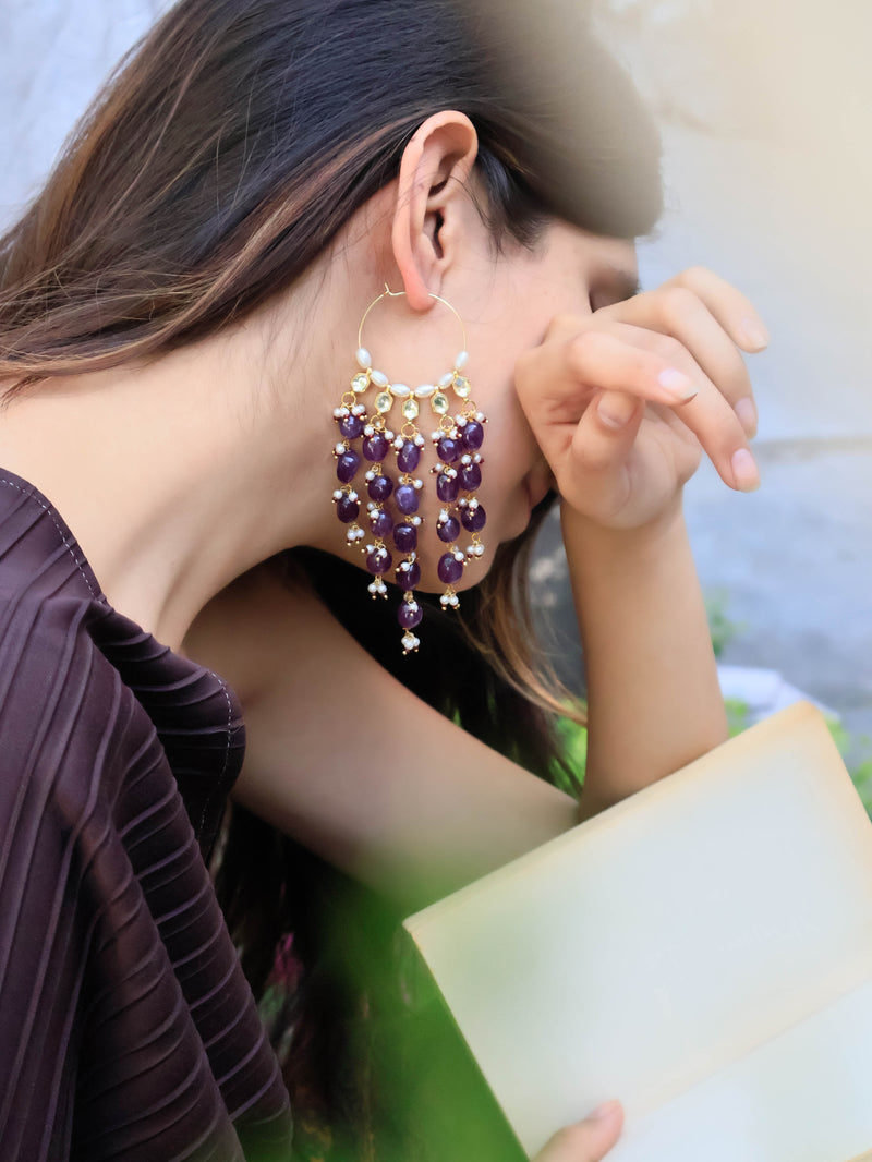 Husna Purple Kundan Chaandbaali Earrings