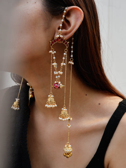 Inara Red Kundan Jhumka Long Earrings