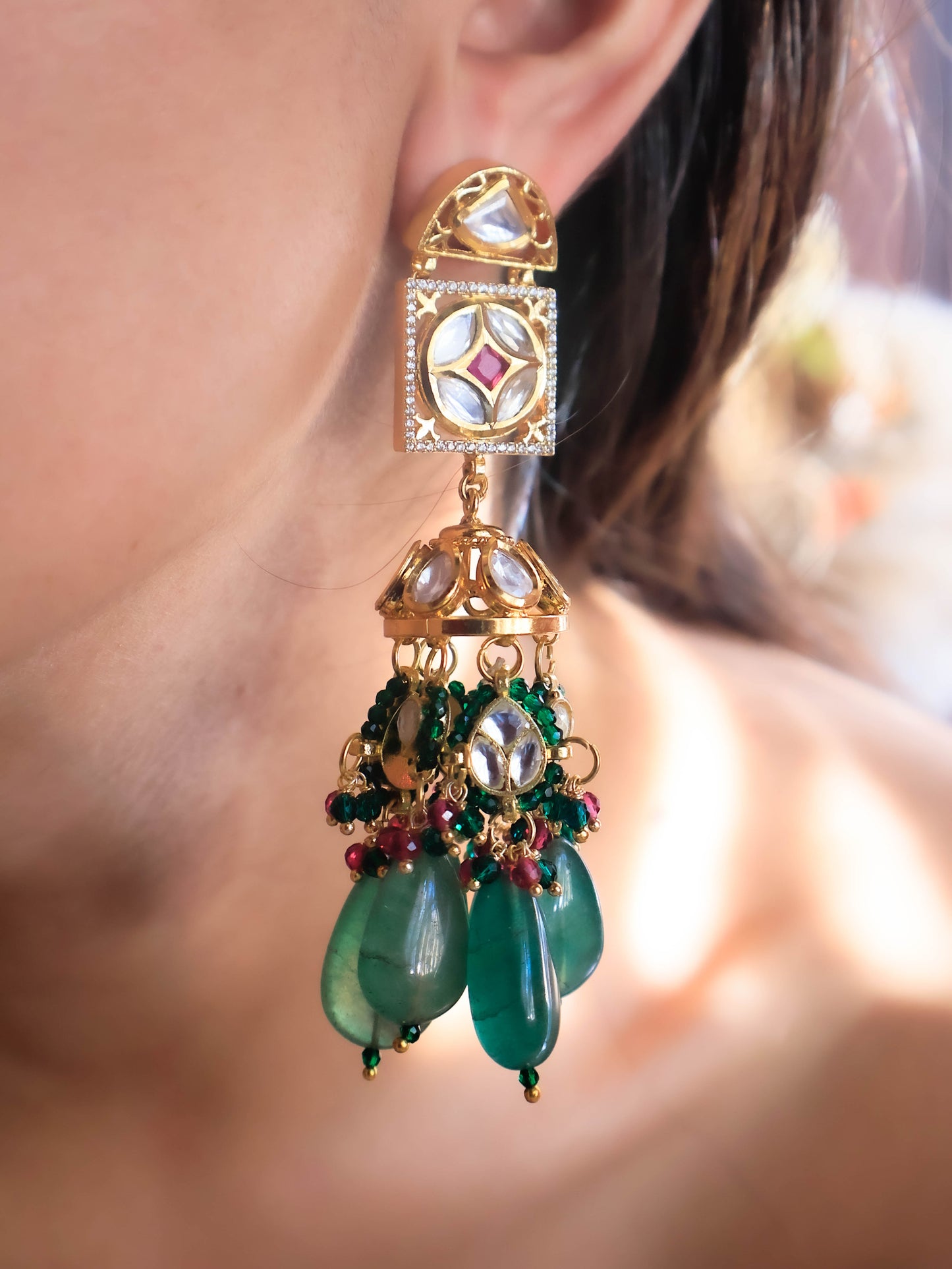 Urooj Green Kundan Jhumka Earrings