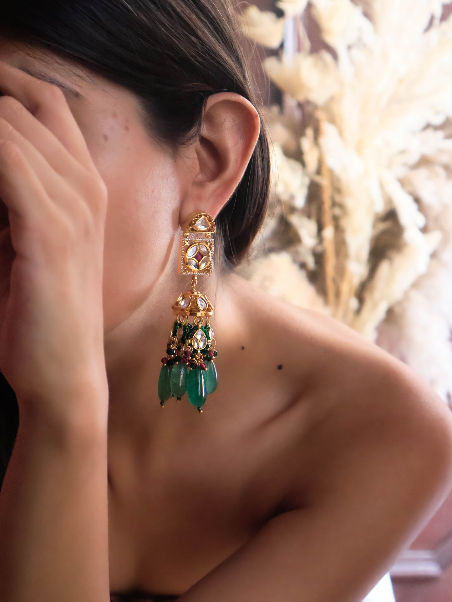 Urooj Green Kundan Jhumka Earrings