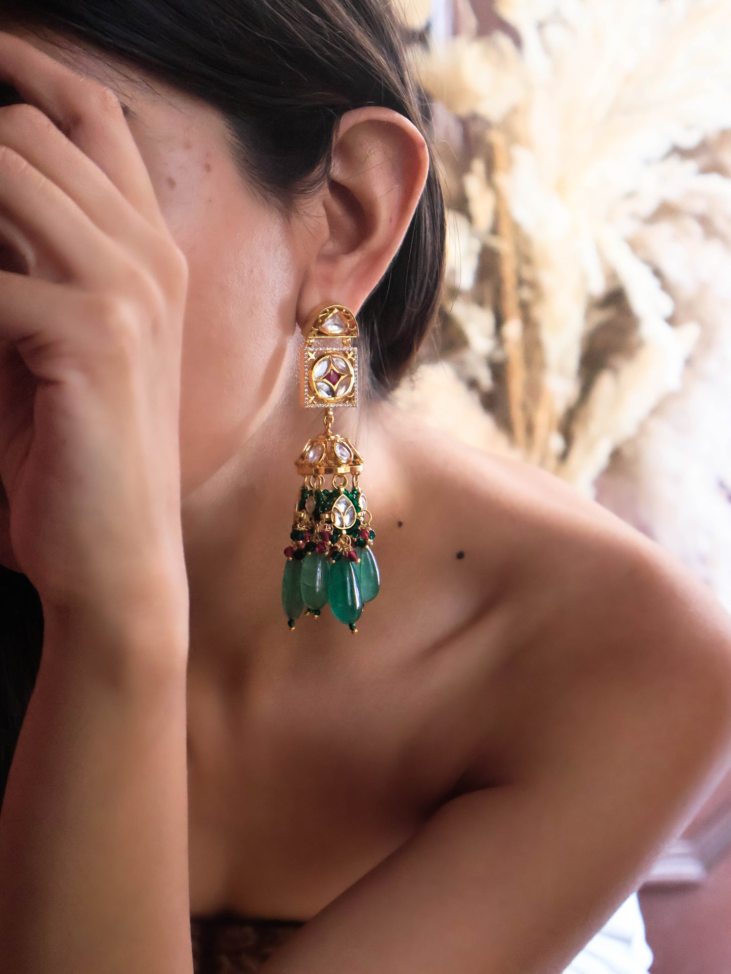 Urooj Green Kundan Jhumka Earrings